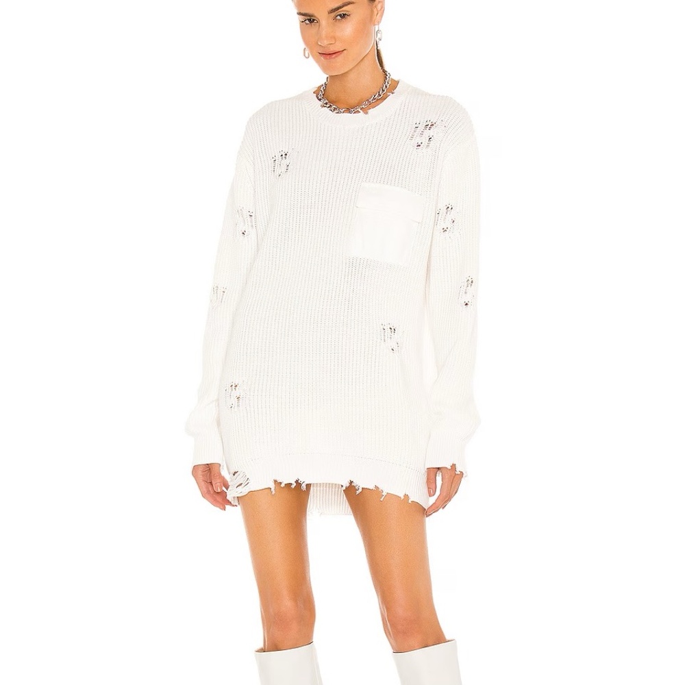 NWT $225 SER.O.YA White Devin Destroyed Knit Sweater MINI DRESS SIZE XS